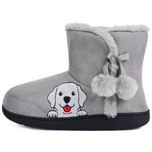 GURGER Hausschuhe Stiefel Damen Winter Plüsch Gefüttert Hausstiefel Warm Hoch Hüttenschuhe Süßer Cartoon Stickerei Hund, Grau Größe 38 39 von GURGER
