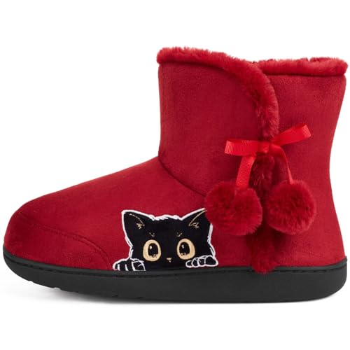 GURGER Hausschuhe Stiefel Damen Winter Plüsch Gefüttert Hausstiefel Warm Hoch Hüttenschuhe Süßer Cartoon Stickerei Katze, Rot Größe 40 41 von GURGER