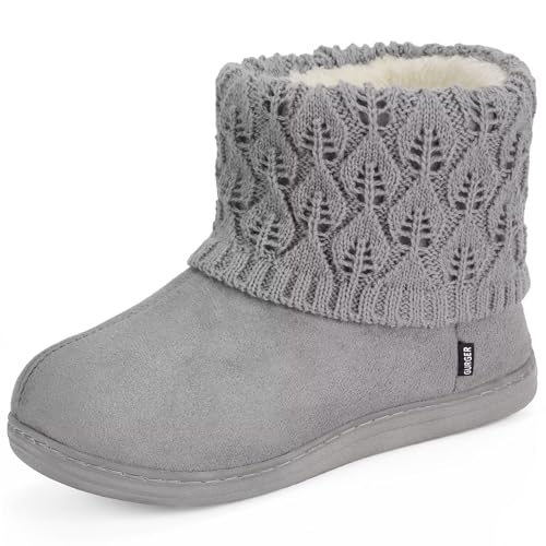 GURGER Hausstiefel Damen Herren Winter Warm Plüsch Gefüttert Hohe Hausschuhe Stiefel Hüttenschuhe mit Strickschaft Grau Größe 44 45 von GURGER