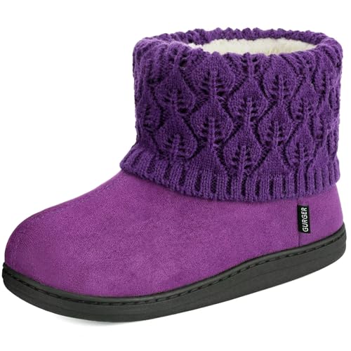 GURGER Hausstiefel Damen Herren Winter Warm Plüsch Gefüttert Hohe Hausschuhe Stiefel Hüttenschuhe mit Strickschaft Lila Größe 42 43 von GURGER