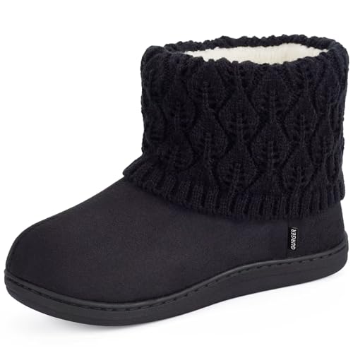 GURGER Hausstiefel Damen Herren Winter Warm Plüsch Gefüttert Hohe Hausschuhe Stiefel Hüttenschuhe mit Strickschaft Schwarz Größe 36 37 von GURGER