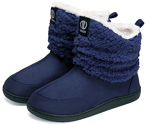 GURGER Hausstiefel Damen Hüttenschuhe Herren Plüsch Gefüttert Hausschuhe Hohe Winter Hüttenstiefel Warm Boot Slipper Feste Sohle Blau Größe 36 37 von GURGER