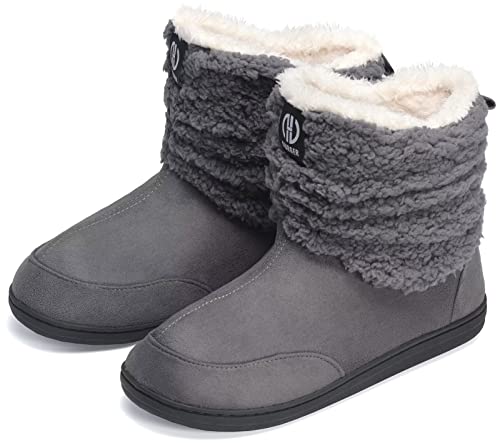 GURGER Hausstiefel Damen Hüttenschuhe Herren Plüsch Gefüttert Hausschuhe Hohe Winter Hüttenstiefel Warm Boot Slipper Feste Sohle Grau Größe 36 37 von GURGER