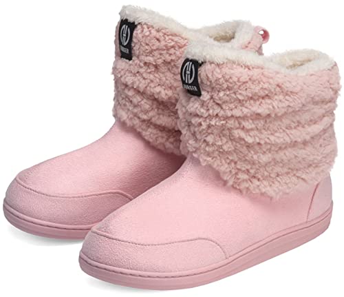 GURGER Hausstiefel Damen Hüttenschuhe Herren Plüsch Gefüttert Hausschuhe Hohe Winter Hüttenstiefel Warm Boot Slipper Feste Sohle Rosa Größe 36 37 von GURGER