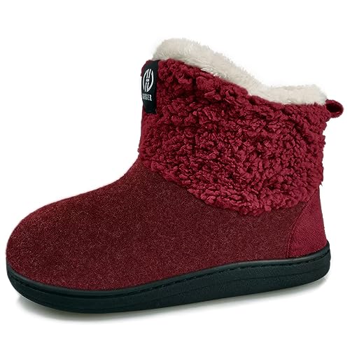 GURGER Hausstiefel Damen Plüsch Gefüttert Hausschuhe Herren Hohe Filz Hüttenschuhe Warm Winter Hüttenstiefel Filzpantoffeln Pantoffeln, Rot Gr 42 43 von GURGER