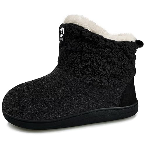 GURGER Hausstiefel Damen Plüsch Gefüttert Hausschuhe Herren Hohe Filz Hüttenschuhe Warm Winter Hüttenstiefel Filzpantoffeln Pantoffeln, Schwarz Gr 38 39 von GURGER