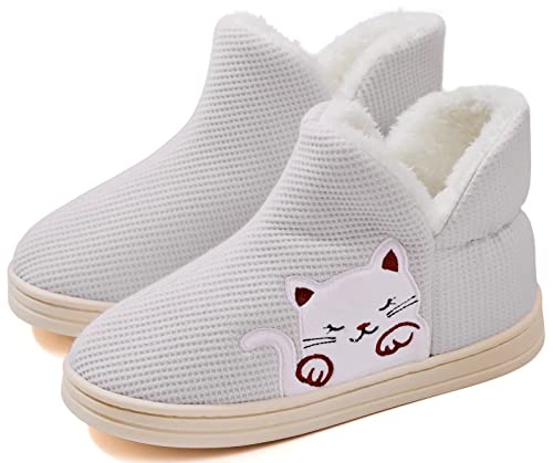 GURGER Hausstiefel Damen Plüsch Gefüttert Hüttenschuhe Frauen Winter Hohe Hausschuhe Plüsch Pantoffeln Strick Hüttenstiefel Slipper Feste Sohle Grau Größe 38 39 von GURGER