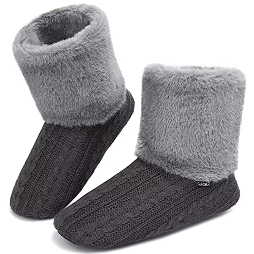 GURGER Hausstiefel Damen Plüsch Gefüttert Hüttenschuhe Herren Winter Warm Hausschuhe Hohe Pantoffeln Hüttenstiefel Strick Slipper Boot Weiche Sohle Geräuschlos Grau Größe 36 37 von GURGER