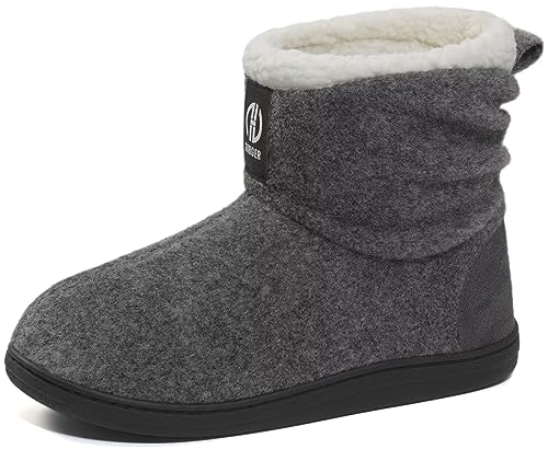 GURGER Hausstiefel Damen Plüsch Gefüttert Hüttenschuhe Warm Hoch Hausschuhe Filz Winter Pantoffeln Feste Sohle Slipper Boot Grau Größe 38 39 von GURGER