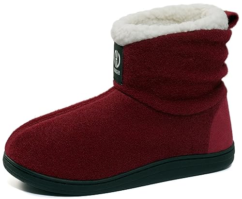 GURGER Hausstiefel Damen Plüsch Gefüttert Hüttenschuhe Warm Hoch Hausschuhe Filz Winter Pantoffeln Feste Sohle Slipper Boot Rot Größe 38 39 von GURGER