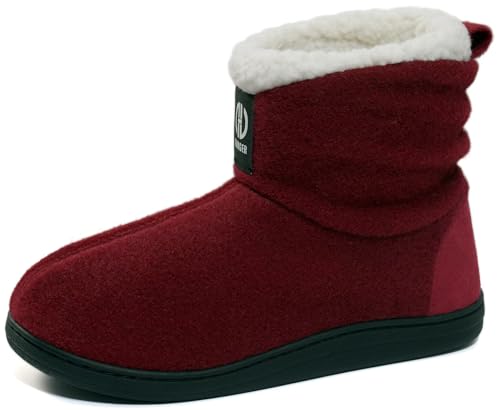 GURGER Hausstiefel Damen Plüsch Gefüttert Hüttenschuhe Warm Hoch Hausschuhe Filz Winter Pantoffeln Feste Sohle Slipper Boot Rot Größe 40 41 von GURGER