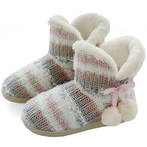 GURGER Hausstiefel Damen Plüsch Gefüttert Hüttenschuhe Winter Strick Hausschuhe Hohe Warm Hüttenstiefel Pantoffeln Rosa Größe 35 36 von GURGER