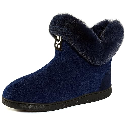 GURGER Hausstiefel Damen Plüsch Gefüttert Hüttenschuhe Winter Warm Hohe Hausschuhe Filz Hüttenstiefel Filzpantoffeln Pantoffeln für Frauen Blau Größe 38 39 von GURGER