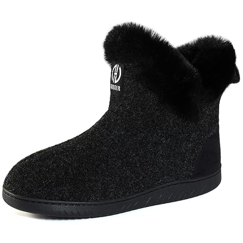 GURGER Hausstiefel Damen Plüsch Gefüttert Hüttenschuhe Winter Warm Hohe Hausschuhe Filz Hüttenstiefel Filzpantoffeln Pantoffeln für Frauen Schwarz Größe 38 39 von GURGER