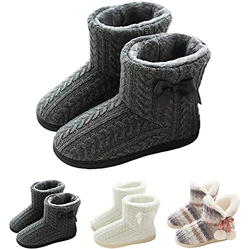 GURGER Hausstiefel Damen Plüsch Hausschuhe Hohe Hüttenschuhe Gefüttert Warm Winter Pantoffeln Strick Slipper Feste Sohle für Frauen Grau Gr. 35 36 von GURGER