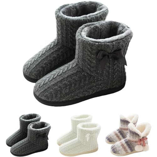 GURGER Hausstiefel Damen Plüsch Hausschuhe Hohe Hüttenschuhe Gefüttert Warm Winter Pantoffeln Strick Slipper Feste Sohle für Frauen Grau Gr. 39 40 von GURGER