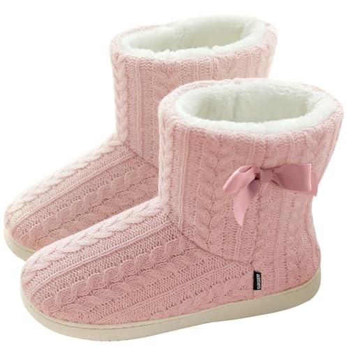 GURGER Hausstiefel Damen Plüsch Hausschuhe Hohe Hüttenschuhe Gefüttert Warm Winter Pantoffeln Strick Slipper Feste Sohle für Frauen Rosa Gr. 35 36 von GURGER