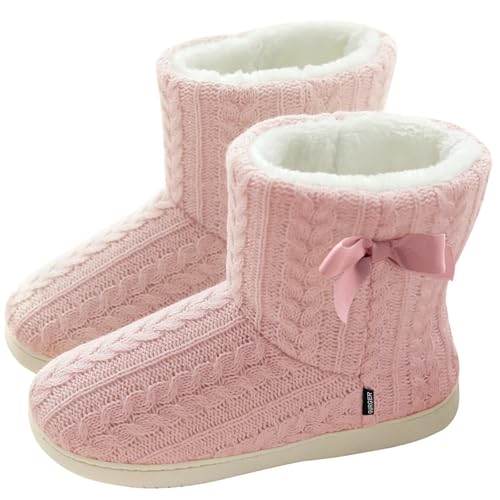 GURGER Hausstiefel Damen Plüsch Hausschuhe Hohe Hüttenschuhe Gefüttert Warm Winter Pantoffeln Strick Slipper Feste Sohle für Frauen Rosa Gr. 35 36 von GURGER