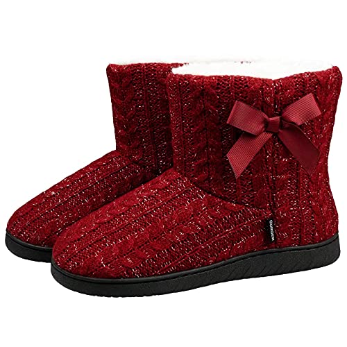 GURGER Hausstiefel Damen Plüsch Hausschuhe Hohe Hüttenschuhe Gefüttert Warm Winter Pantoffeln Strick Slipper Feste Sohle für Frauen Rot Gr. 37 38 von GURGER