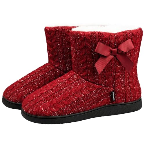 GURGER Hausstiefel Damen Plüsch Hausschuhe Hohe Hüttenschuhe Gefüttert Warm Winter Pantoffeln Strick Slipper Feste Sohle für Frauen Rot Gr. 41 42 von GURGER