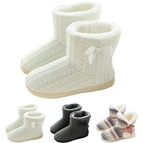 GURGER Hausstiefel Damen Plüsch Hausschuhe Hohe Hüttenschuhe Gefüttert Warm Winter Pantoffeln Strick Slipper Feste Sohle für Frauen Weiß Gr. 35 36 von GURGER