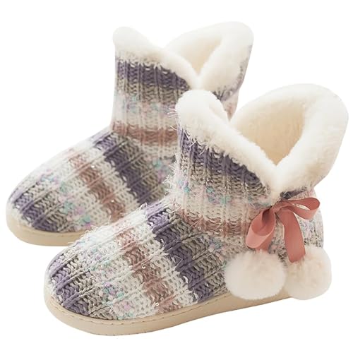 GURGER Hausstiefel Damen Plüsch Hüttenschuhe Gefüttert Winter Strick Hausschuhe Hohe Warm Pantoffeln Slipper Farbenfroh Größe 39 40 von GURGER