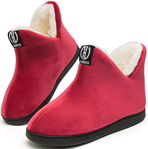 GURGER Hausstiefel Damen Plüsch Hüttenschuhe Gefüttert Herren Warm Hausschuhe Hohe Winter Pantoffeln Slipper Feste Sohle für Frauen Rot Gr. 38 39 von GURGER