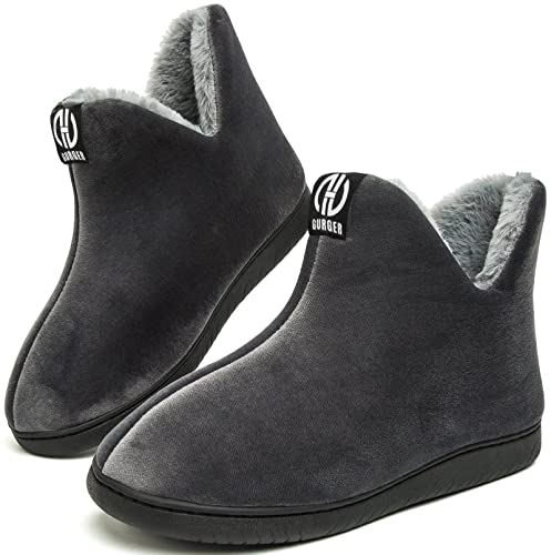 GURGER Hausstiefel Damen Plüsch Hüttenschuhe Gefüttert Warm Hausschuhe Hohe Winter Pantoffeln Herren Slipper Feste Sohle für Frauen Dunkel Grau Gr 38 39 von GURGER