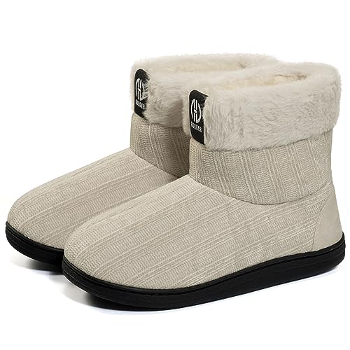 GURGER Hausstiefel Damen Plüsch Hüttenschuhe Gefüttert Warm Winter Hüttenstiefel Hausschuhe Hohe Frauen, Beige Größe 36 37 von GURGER