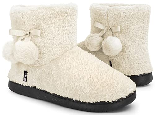 GURGER Hausstiefel Damen Plüsch Hüttenschuhe Gefüttert Winter Strick Hausschuhe Hohe Warm Pantoffeln Slipper Weiß Größe 38 39 von GURGER