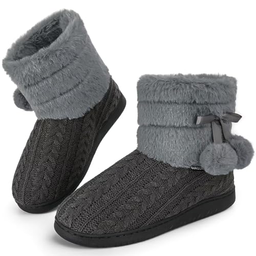 GURGER Hausstiefel Damen Plüsch Hüttenschuhe Warm Gefüttert Winter Frauen Hausschuhe Hohe Knit Hüttenstiefel Feste Sohle Pantoffeln Grau Gr. 40 41 von GURGER