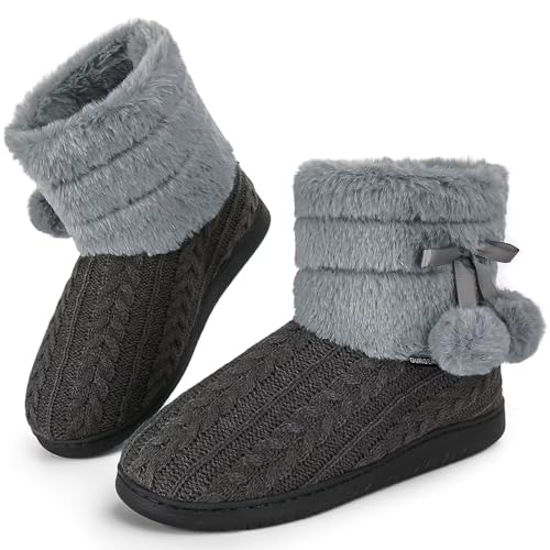 GURGER Hausstiefel Damen Plüsch Hüttenschuhe Warm Gefüttert Winter Frauen Hausschuhe Hohe Knit Hüttenstiefel Feste Sohle Pantoffeln Grau Gr. 40 41 von GURGER