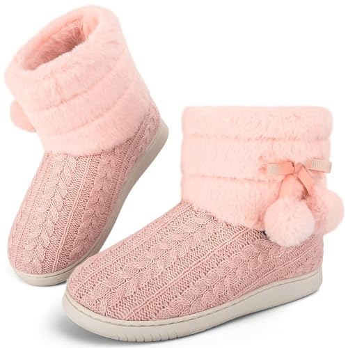 GURGER Hausstiefel Damen Plüsch Hüttenschuhe Warm Gefüttert Winter Frauen Hausschuhe Hohe Knit Hüttenstiefel Feste Sohle Pantoffeln Rosa Gr. 36 37 von GURGER