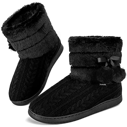 GURGER Hausstiefel Damen Plüsch Hüttenschuhe Warm Gefüttert Winter Frauen Hausschuhe Hohe Knit Hüttenstiefel Feste Sohle Pantoffeln Schwarz Gr. 40 41 von GURGER