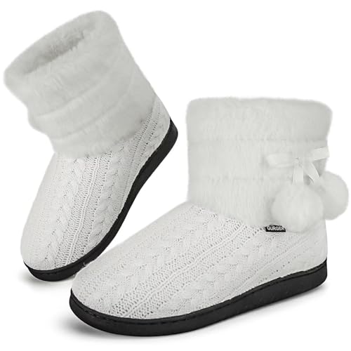 GURGER Hausstiefel Damen Plüsch Hüttenschuhe Warm Gefüttert Winter Frauen Hausschuhe Hohe Knit Hüttenstiefel Feste Sohle Pantoffeln Weiß Gr. 38 39 von GURGER