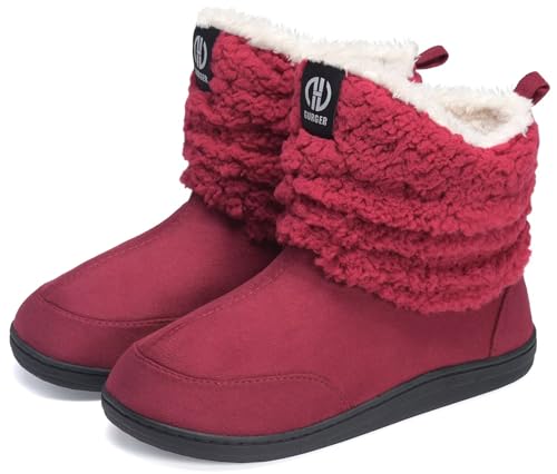 GURGER Hausstiefel Herren Hüttenschuhe Damen Plüsch Gefüttert Hausschuhe Hohe Winter Hüttenstiefel Warm Boot Slipper Feste Sohle Rot Größe 42 43 von GURGER