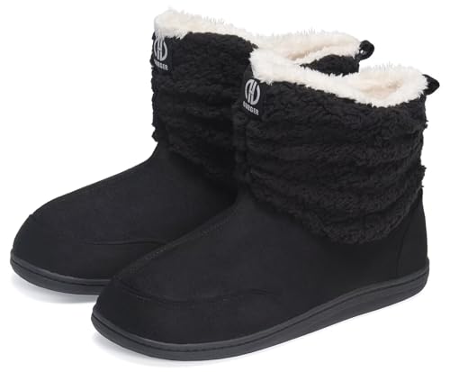 GURGER Hausstiefel Herren Hüttenschuhe Damen Plüsch Gefüttert Hausschuhe Hohe Winter Hüttenstiefel Warm Boot Slipper Feste Sohle Schwarz Größe 42 43 von GURGER