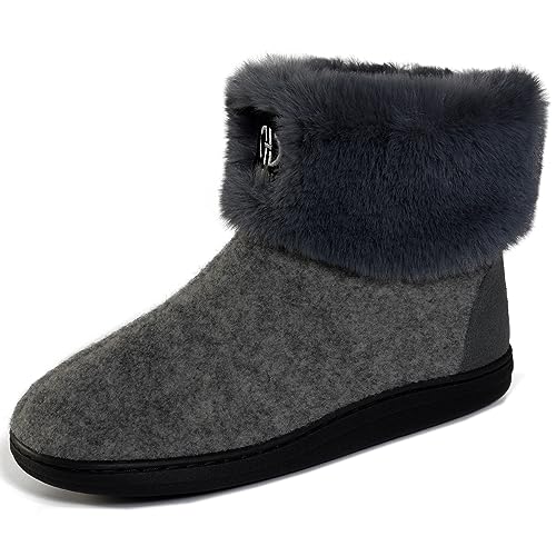 GURGER Hausstiefel Herren Plüsch Gefüttert Damen Hüttenschuhe Winter Warm Filz Hausschuhe Hohe Feste Sohle Filzpantoffeln Hüttenstiefel Pantoffeln, Grau Größe 44 45 von GURGER