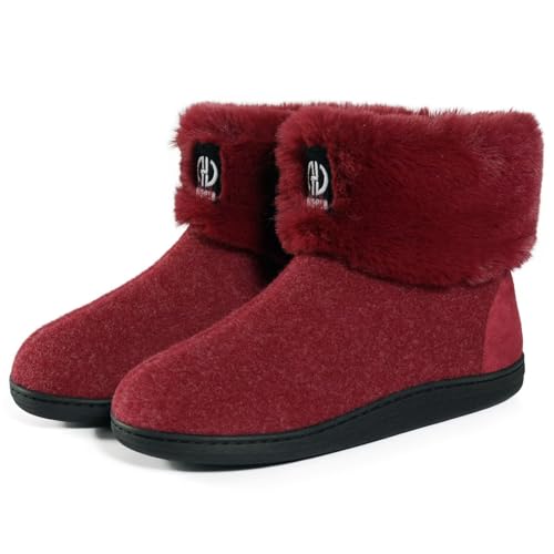 GURGER Hausstiefel Herren Plüsch Gefüttert Damen Hüttenschuhe Winter Warm Filz Hausschuhe Hohe Feste Sohle Filzpantoffeln Hüttenstiefel Pantoffeln, Rot Größe 40 41 von GURGER