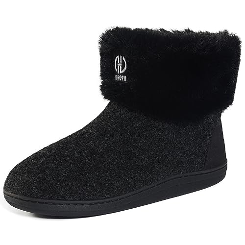 GURGER Hausstiefel Herren Plüsch Gefüttert Damen Hüttenschuhe Winter Warm Filz Hausschuhe Hohe Feste Sohle Filzpantoffeln Hüttenstiefel Pantoffeln, Schwarz Größe 36 37 von GURGER