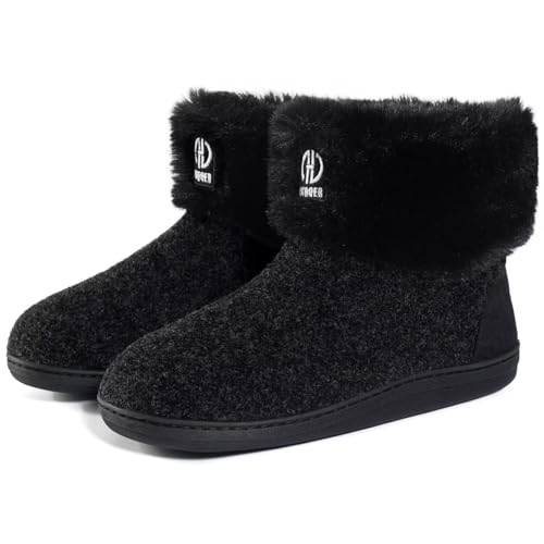 GURGER Hausstiefel Herren Plüsch Gefüttert Damen Hüttenschuhe Winter Warm Filz Hausschuhe Hohe Feste Sohle Filzpantoffeln Hüttenstiefel Pantoffeln, Schwarz Größe 40 41 von GURGER
