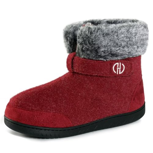 GURGER Hausstiefel Herren Plüsch Gefüttert Hüttenschuhe Damen Winter Warm Filz Hausschuhe Hohe Filzpantoffeln Hüttenstiefel Unisex Rot Größe 36 37 von GURGER