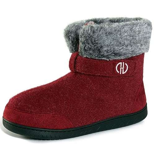 GURGER Hausstiefel Herren Plüsch Gefüttert Hüttenschuhe Damen Winter Warm Filz Hausschuhe Hohe Filzpantoffeln Hüttenstiefel Unisex Rot Größe 42 43 von GURGER