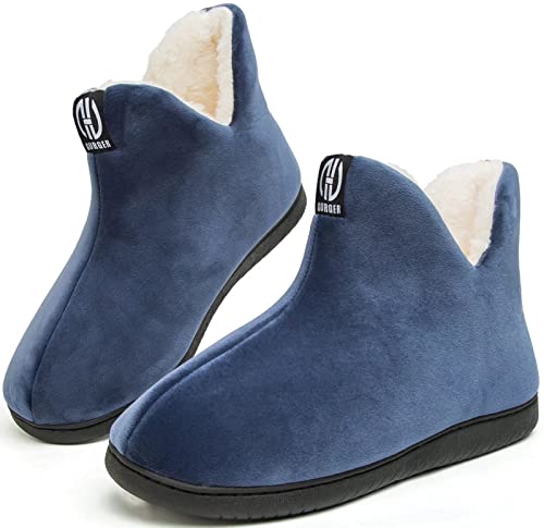 GURGER Hausstiefel Herren Plüsch Hüttenschuhe Damen Gefüttert Warm Hausschuhe Hohe Winter Pantoffeln Slipper Feste Sohle Männer Navy Blau Größe 44 45 von GURGER