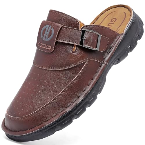 GURGER Herren Leder Pantoletten Sommer Atmungsaktiv Rutschfest Clogs Geschlossen Zehe Sandalen für Männer Dunkelbraun Größe 45 von GURGER