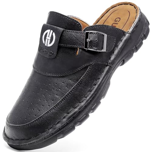 GURGER Herren Leder Pantoletten Sommer Atmungsaktiv Rutschfest Clogs Geschlossen Zehe Sandalen für Männer Schwarz Größe 42 von GURGER