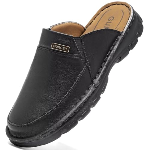 GURGER Herren Leder Pantoletten Sommer Geschlossen Clogs Freizeit Sandalen Männer Schwarz Größe 47 von GURGER