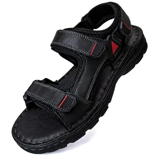 GURGER Herren Trekkingsandalen Leder Sandalen Outdoor Trekking Wasserfest Outdoorsandalen Männer Sommer Open Toe Klettverschluss Sportsandalen Wandersandalen Schwarz Gr 46 von GURGER