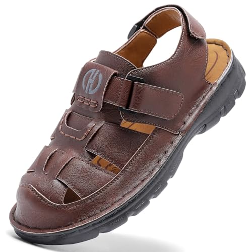 GURGER Herren Trekkingsandalen Leder Sandalen Sommer Outdoorsandalen Männer Geschlossene Klettverschluss Zehen Sportsandalen Wandersandalen Dunkelbraun Gr 42 von GURGER