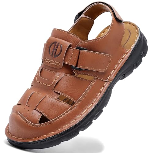 GURGER Herren Trekkingsandalen Leder Sandalen Sommer Outdoorsandalen Männer Geschlossene Klettverschluss Zehen Sportsandalen Wandersandalen Rotbraun Gr 47 von GURGER